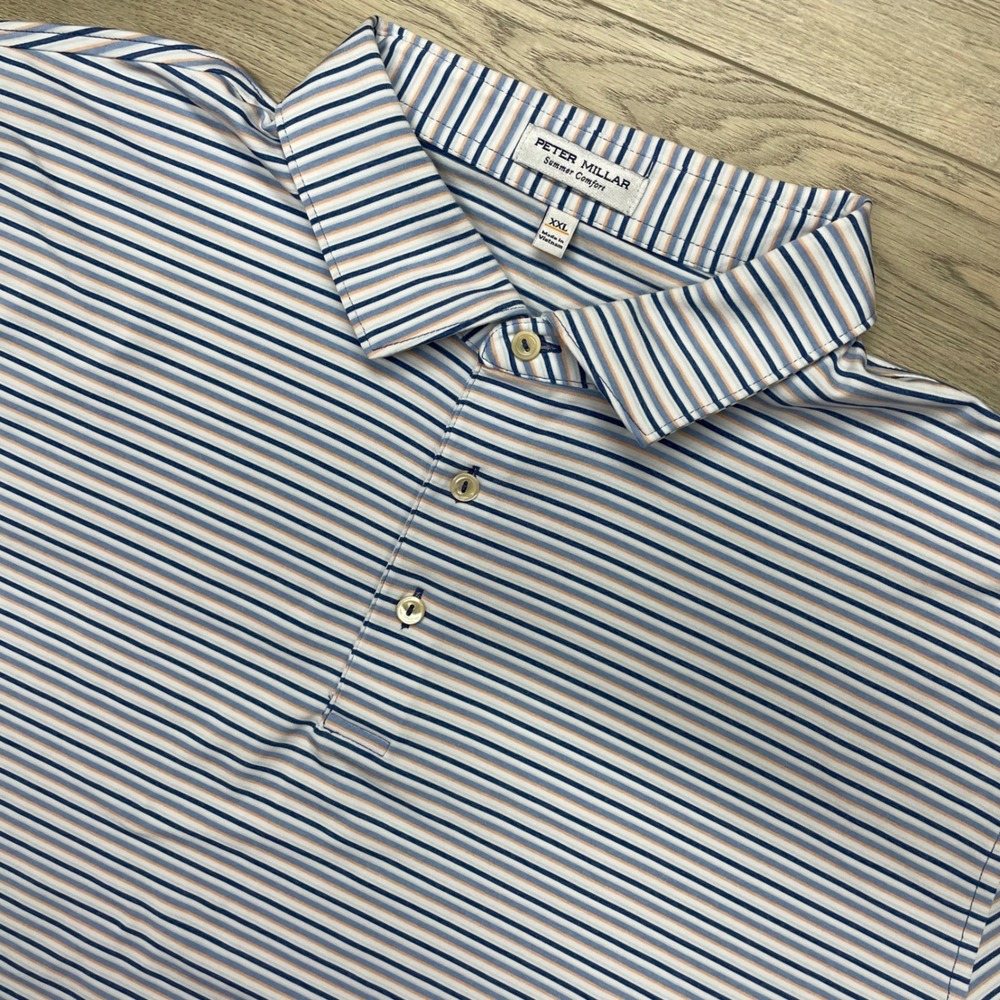 Peter Millar Polo Shirt Mens XXL Blue Striped Summer Comfort Preppy Golf